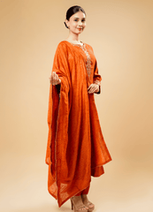 Rust Kurta Pant Set with Embroidery & Dupatta