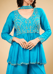 Deep Sky Blue Peplum Set with Flared Palazzo & Neck Patch Dupatta