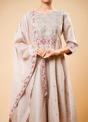 Kilim Beige Flared Kurta Set with Contrast Thread Work & Dupatta
