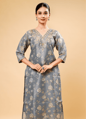 Steel Gray Pant Pair with Flower Shimmer Print & Dupatta
