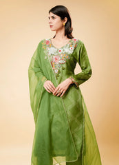 Mehndi Green Embroidered Cotton Kurta Set with Dupatta