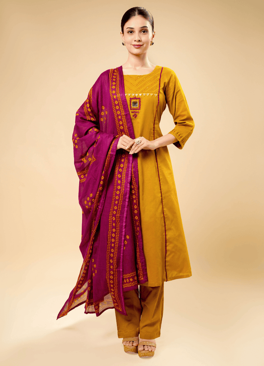 Regal Mustard Kurta Set with Ajrakh Touch Dupatta