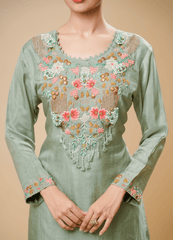 Pastel Green Kurta Set with Multicolor Embroidery & Organza Shrug Dupatta