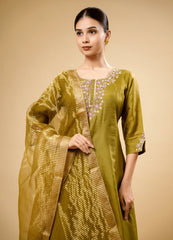 Shiny Mustard Silk Kurta Plazo Set with Dupatta & Hand Embroidery