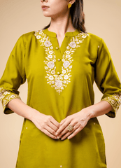 Munsell Yellow Straight Kurta Pant Set with Printed Dupatta