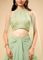 Mint Green Draped Skirt Set with Designer Crop Top & Frill Dupatta