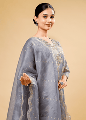 Steel Gray Pant Pair with Flower Shimmer Print & Dupatta