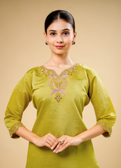 Safety Yellow Straight Pant Set with Sparrow Design Dupatta