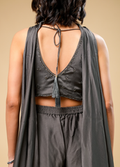 Designer Gray Indo-Western Set with Crop Top, Flared Palazzo & Patch Dupatta