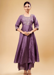 Mauve Purple Flary Palazzo Set with Half Circle Border Dupatta
