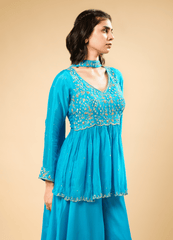 Deep Sky Blue Peplum Set with Flared Palazzo & Neck Patch Dupatta