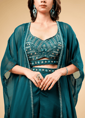 Dark Peacock Green Indo-Western Set with Designer Shrug