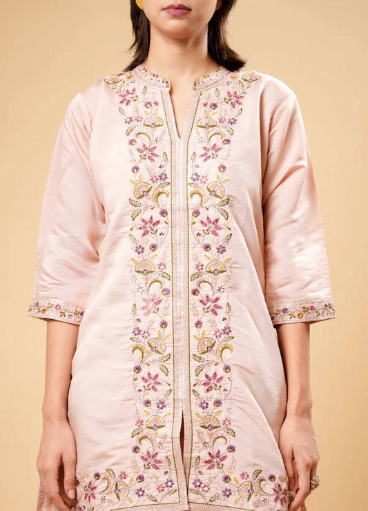 Pastel Pink Kurta Palazzo Set with Embroidered Dhaga Work & Border Dupatta