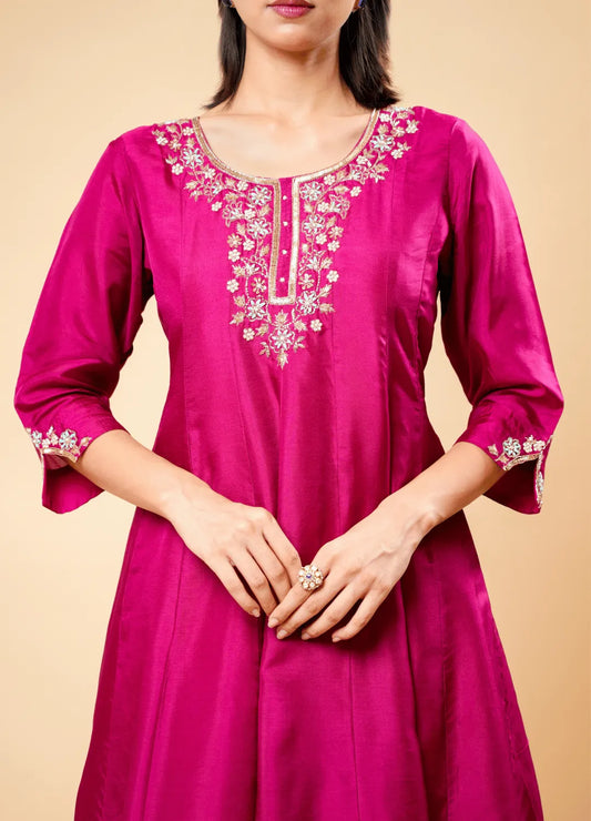 Traditional Shiny Purple Anarkali Set with Leriya Dupatta