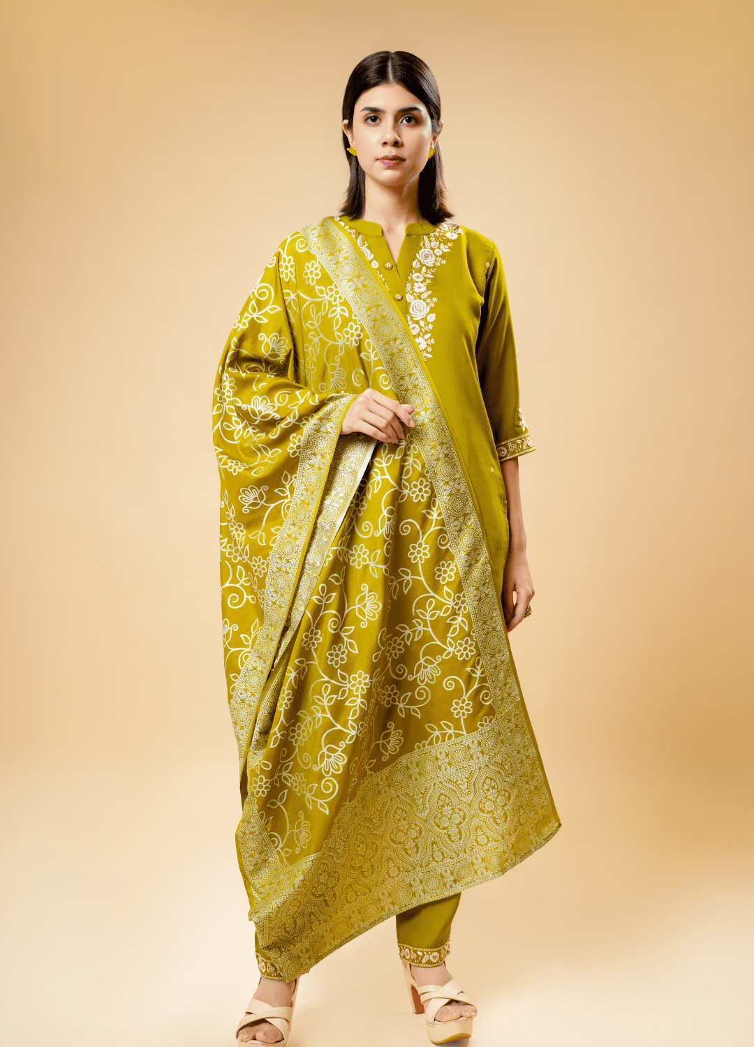 Munsell Yellow Straight Kurta Pant Set with Printed Dupatta