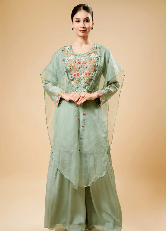Pastel Green Kurta Set with Multicolor Embroidery & Organza Shrug Dupatta