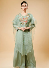 Pastel Green Kurta Set with Multicolor Embroidery & Organza Shrug Dupatta
