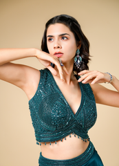 Dark Peacock Green Flared Indo-Western Set with Designer Crop Top & Neck Patch Dupatta