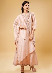 Pastel Pink Kurta Palazzo Set with Embroidered Dhaga Work & Border Dupatta