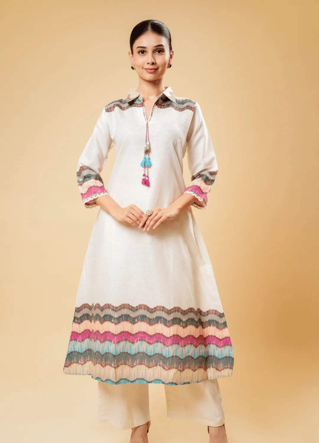 Ivory (Off-White) Kurta Set with Multicolor Wave Print
