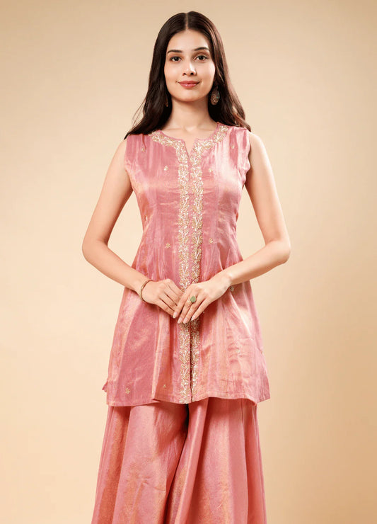 Salmon Blush Pink Peplum Set with Flared Palazzo & Chiffon Dupatta