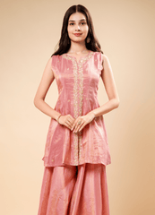 Salmon Blush Pink Peplum Set with Flared Palazzo & Chiffon Dupatta