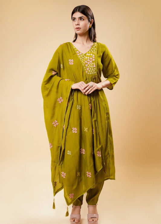 Brass Round Kurta Set with Hand Butis Dupatta