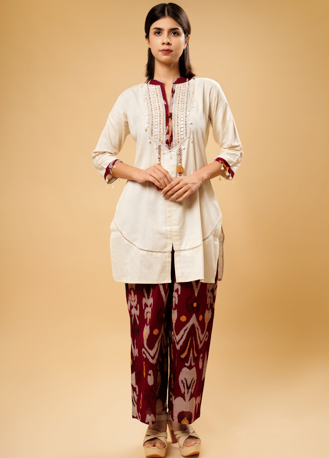 Ivory Cotton Kurta Set with Tassel Detailing & Ikat Pants