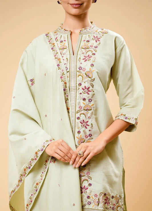 Pastel Pista Plaza Set with Border Dupatta & Classy V-Neck