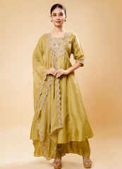Terrain Green Flared Palazzo Set with Half Circle Border Dupatta