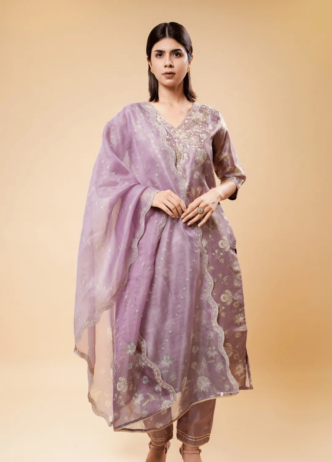 Mauvelous Purple Pant Set with Floral Shimmer Print