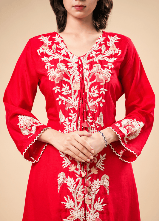 Crimson Red Suit Set with Ivory Embroidery & High-Low Hem