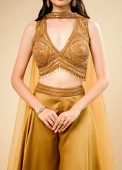 Golden Flared Indo-Western Set with Designer Crop Top & Neck Patch Dupatta