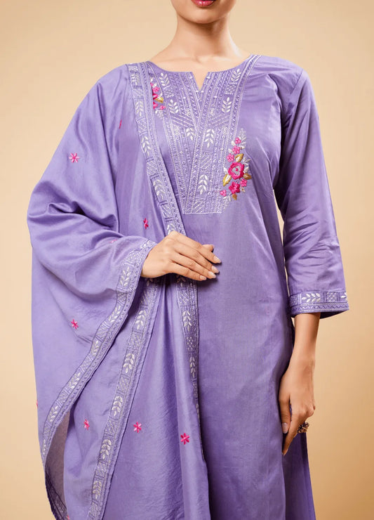 Wisteria Purple Kurta Set with Classy V-Neck & Floral Patch