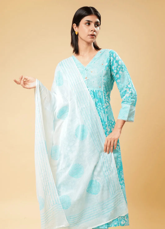 Sky Blue Handblock Printed Cotton Kurta Set