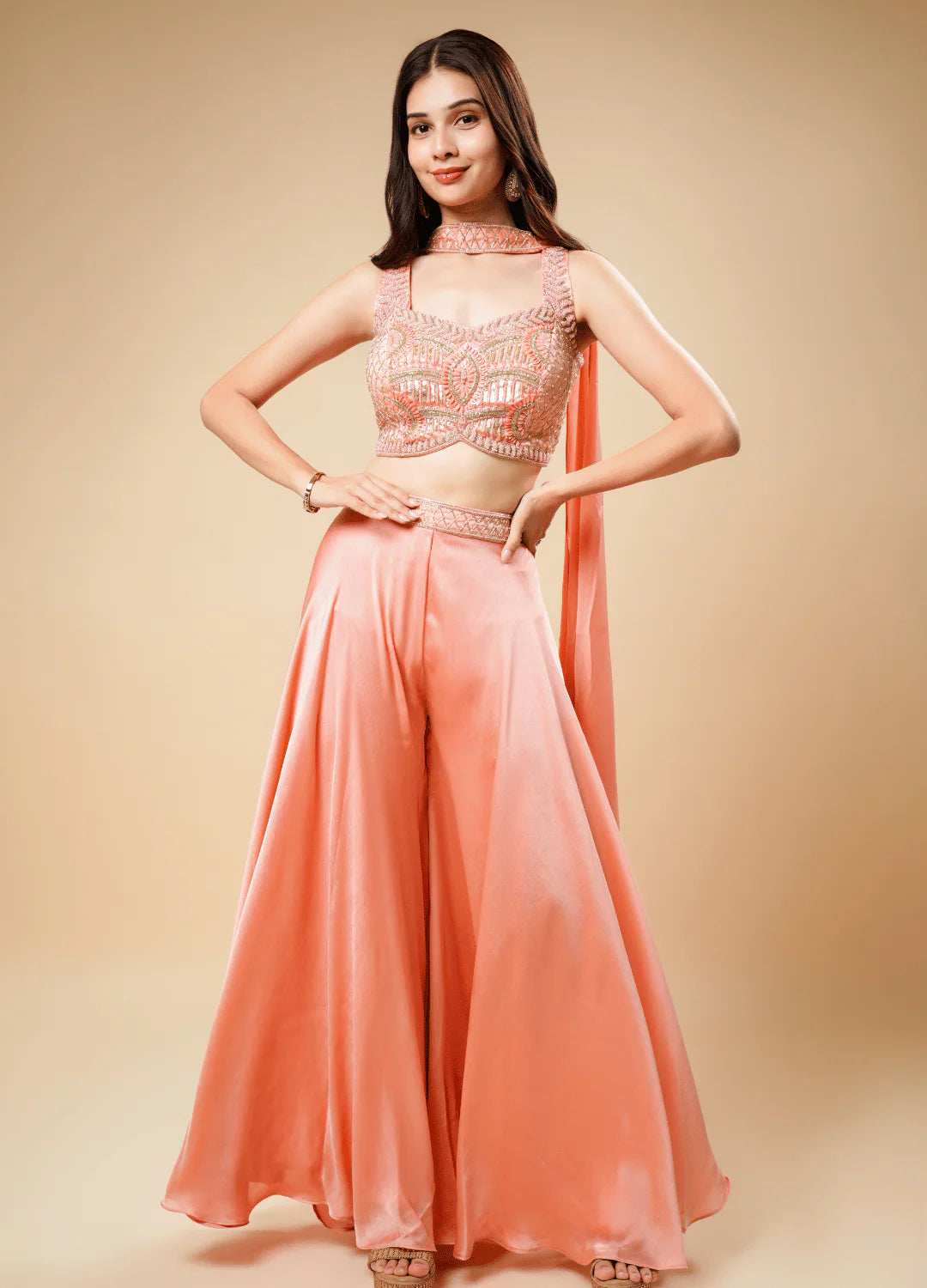 Blush Pink Flary Western Set with Designer Neck Patch Dupatta