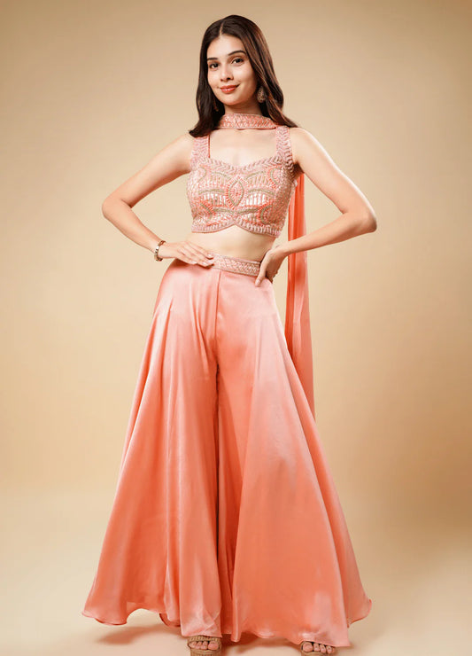 Blush Pink Flary Western Set with Designer Neck Patch Dupatta