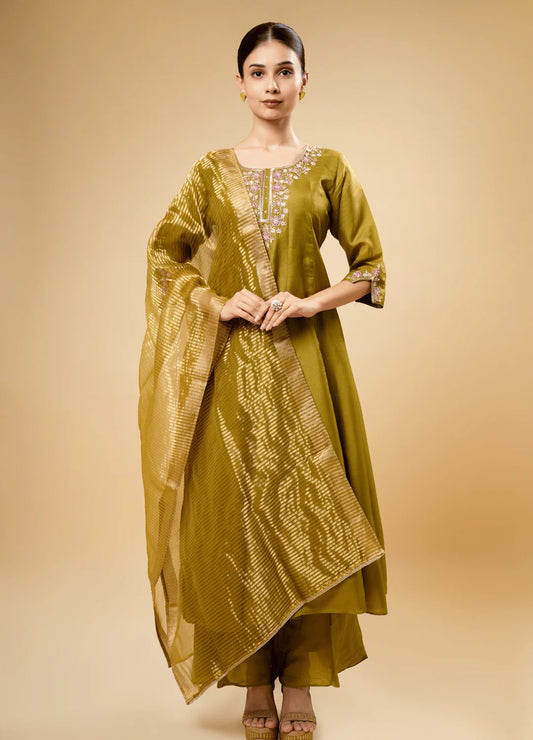 Shiny Mustard Silk Kurta Plazo Set with Dupatta & Hand Embroidery