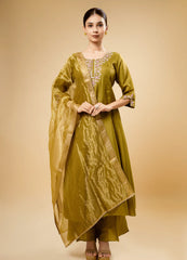 Shiny Mustard Silk Kurta Plazo Set with Dupatta & Hand Embroidery