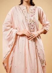 Pastel Pink Kurta Palazzo Set with Embroidered Dhaga Work & Border Dupatta