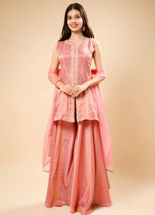 Salmon Blush Pink Peplum Set with Flared Palazzo & Chiffon Dupatta