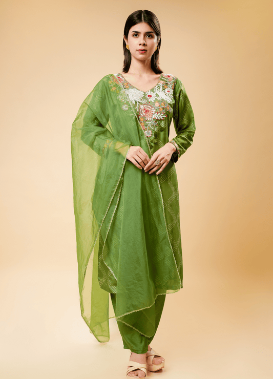 Mehndi Green Embroidered Cotton Kurta Set with Dupatta