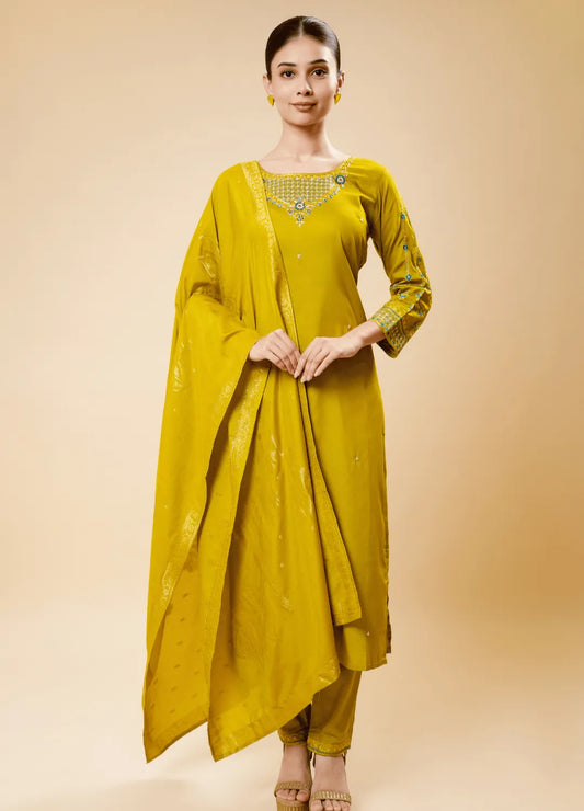 Soft Mustard Kurta Set with Handwoven Dupatta