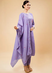 Wisteria Purple Kurta Set with Classy V-Neck & Floral Patch