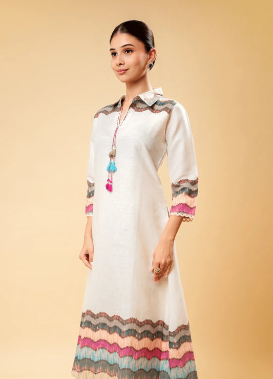 Ivory (Off-White) Kurta Set with Multicolor Wave Print