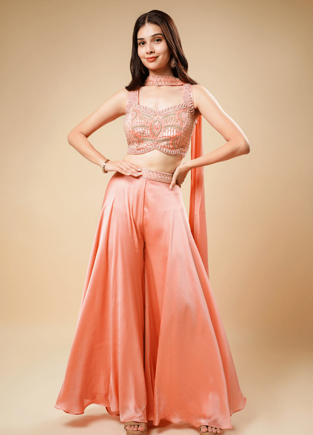 Blush Pink Flary Western Set with Designer Neck Patch Dupatta