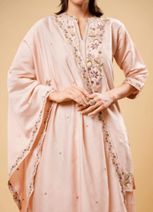 Pastel Pink Kurta Palazzo Set with Embroidered Dhaga Work & Border Dupatta