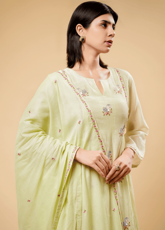 Pistachio Green Swan Embroidered Kurta Set