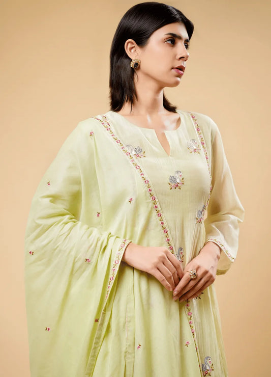 Pistachio Green Swan Embroidered Kurta Set