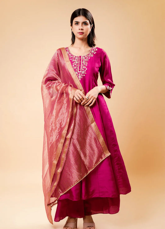 Traditional Shiny Purple Anarkali Set with Leriya Dupatta